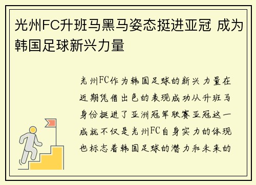 光州FC升班马黑马姿态挺进亚冠 成为韩国足球新兴力量